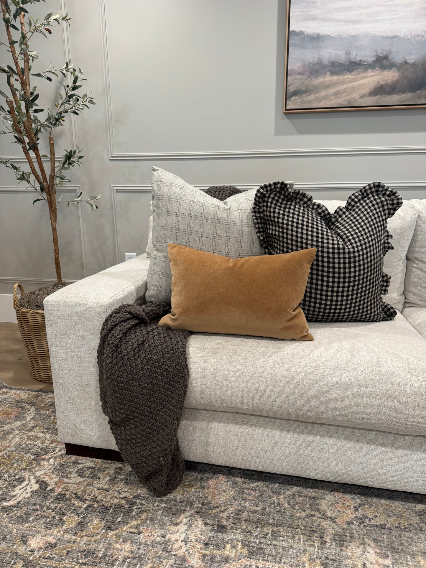 Black Linen Check Ruffle Pillow Cover