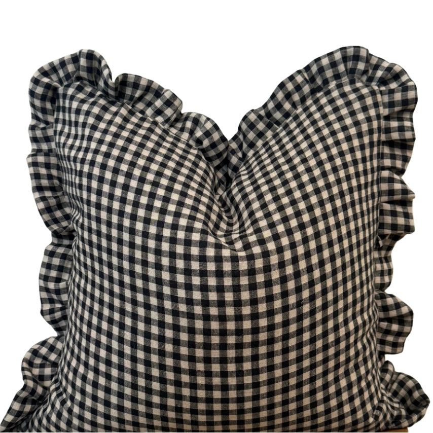 Black Linen Check Ruffle Pillow Cover