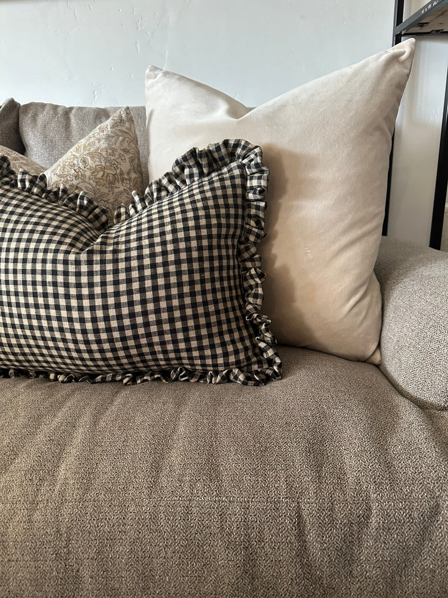 Black Linen Check Ruffle Pillow Cover