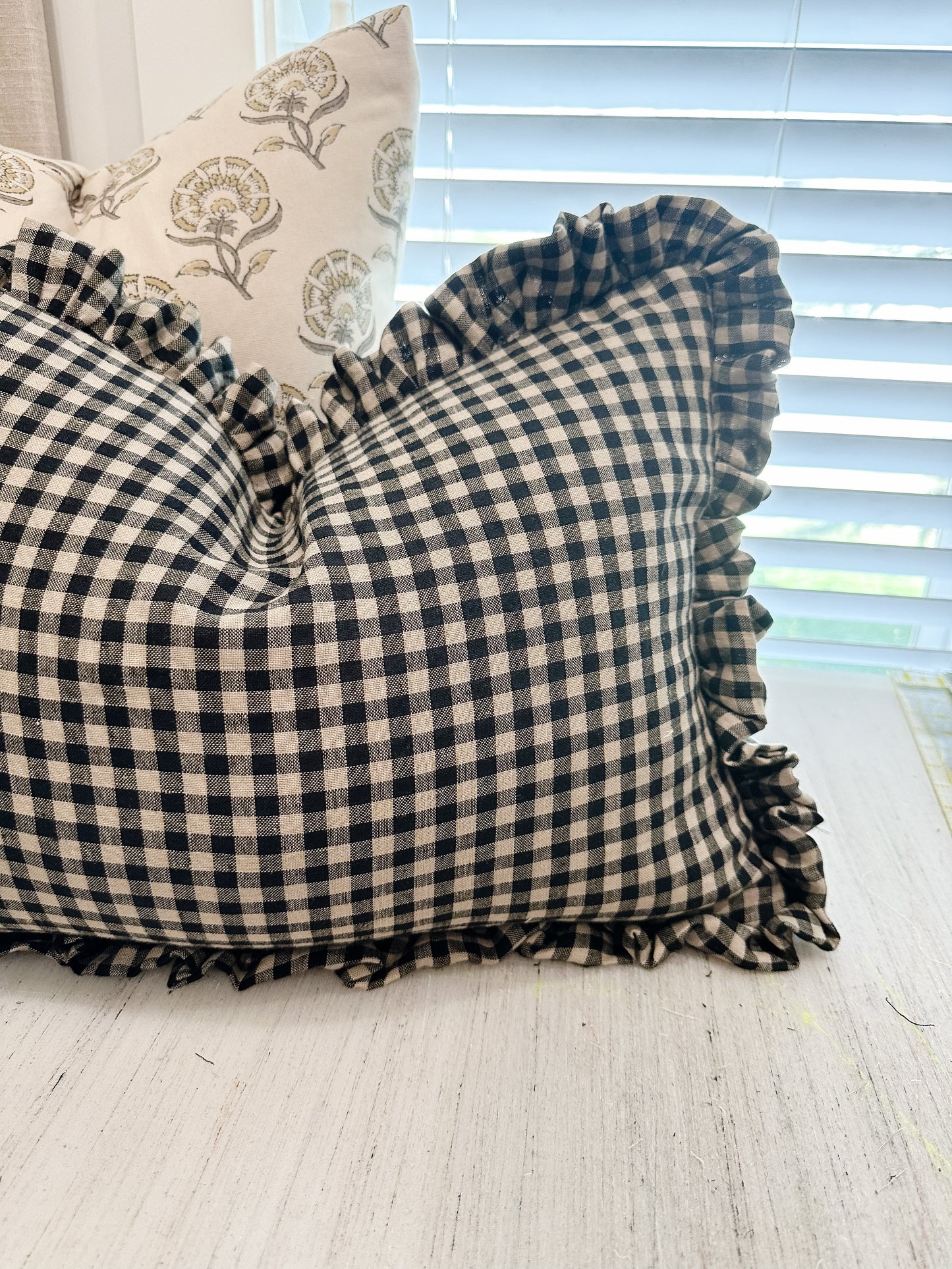 Black Linen Check Ruffle Pillow Cover