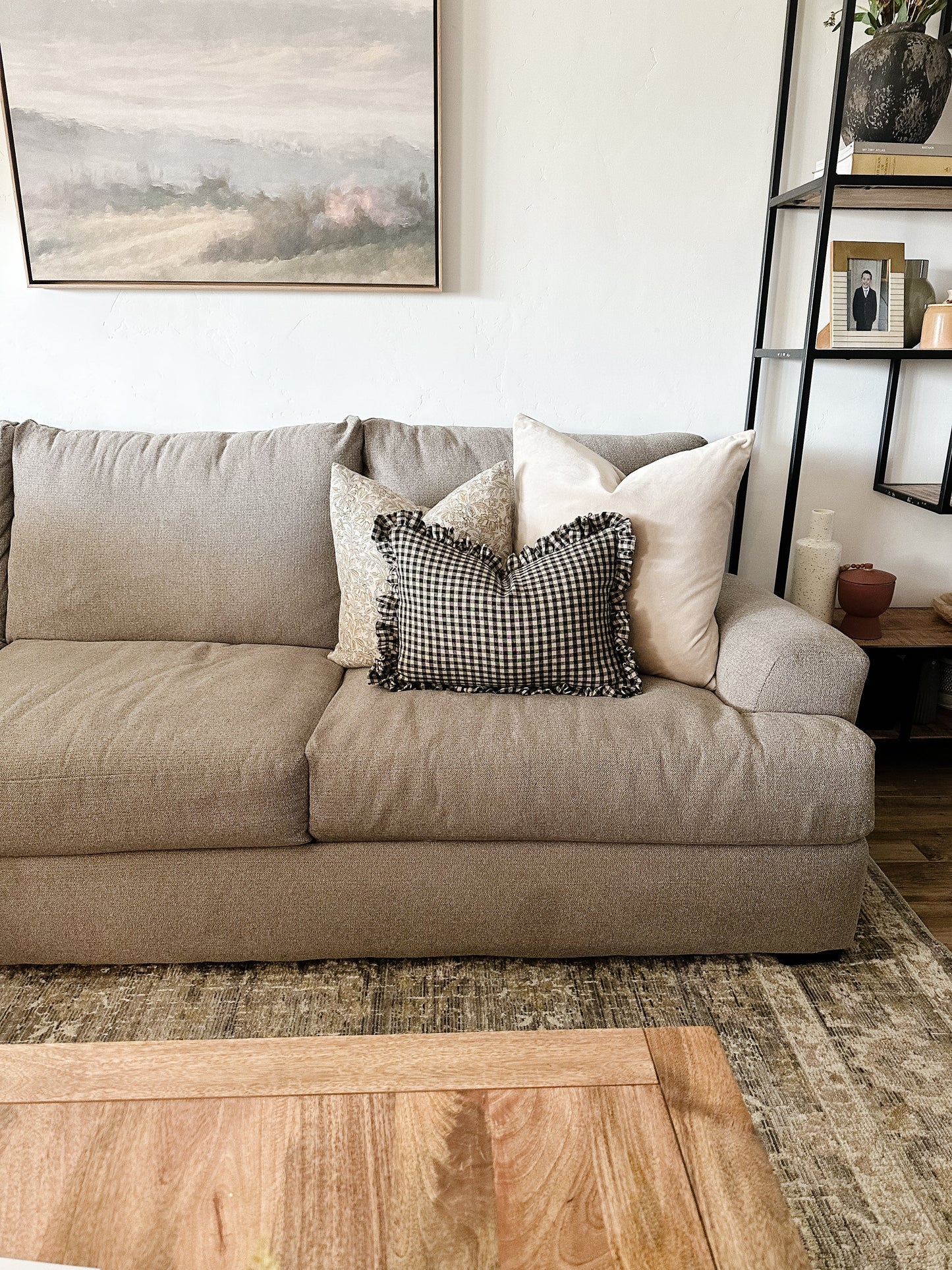 Black Linen Check Ruffle Pillow Cover