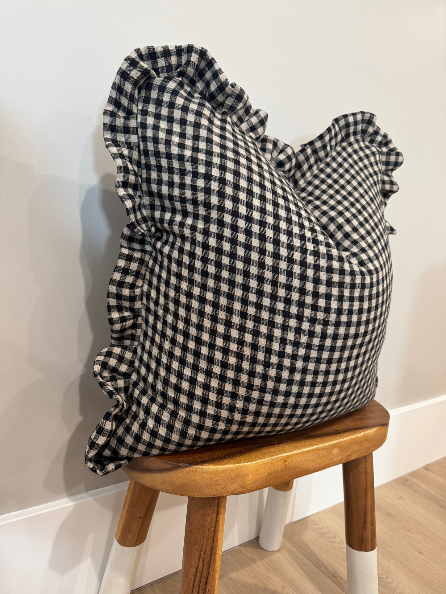 Black Linen Check Ruffle Pillow Cover