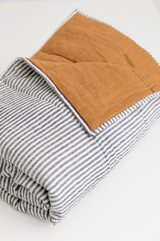 King size Linen Quilted Blanket #color_burnt-orange-stripe