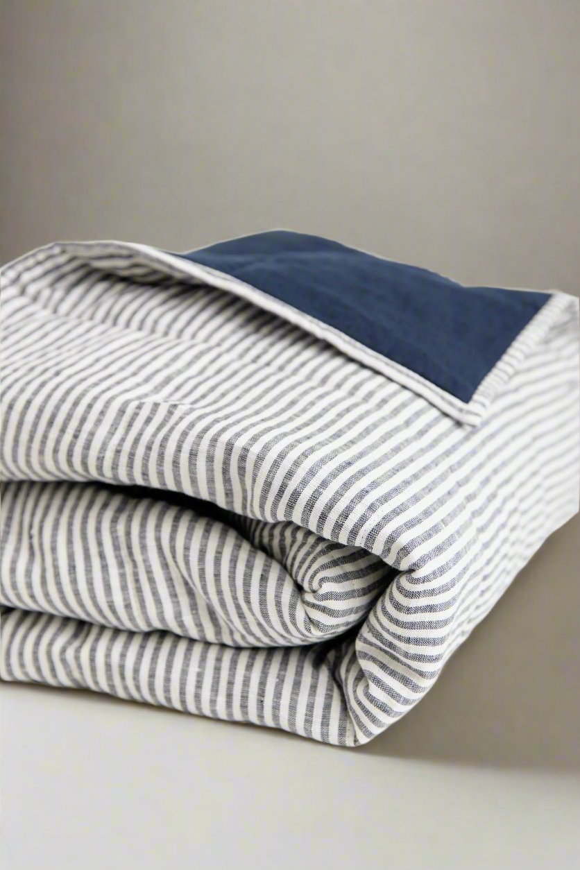 Linen European Handmade Blanket Oversized Blanket King size Linen Quilted Blanket #color_navy-stripe