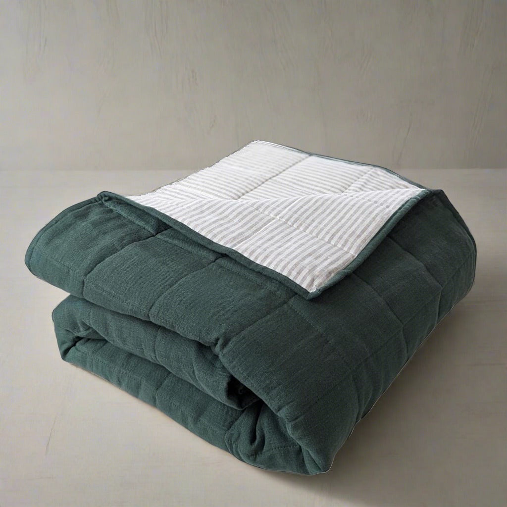 Luxurious 100% Linen Quilted Blanket for Bed #color_forest-green-stripe