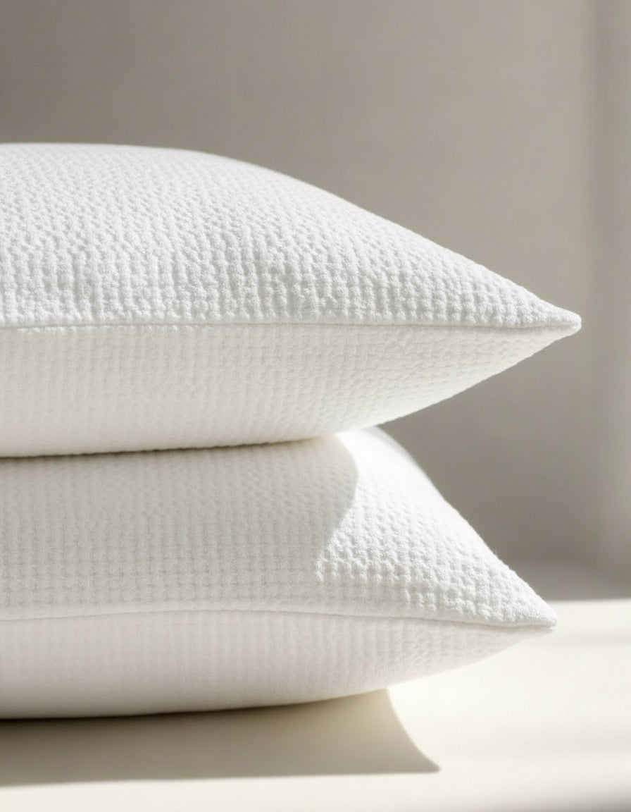 A close-up image of a white linen waffle duvet cover with a textured pattern.