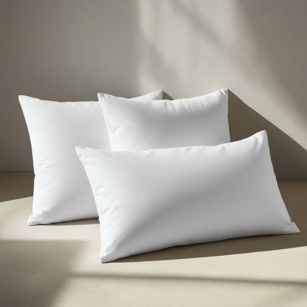 Two white pillow inserts on a light-colored surface, with one pillow slightly elevated above the other, creating a subtle shadow.