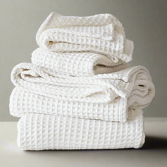 Discover our luxurious Turkish Cotton Waffle Towels – lightweight, highly absorbent, and quick-drying, perfect for elevating your daily bath routine with the finest cotton bath essentials #color_white