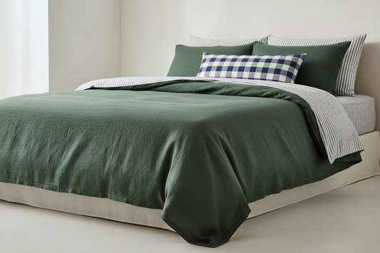 Stonewashed European Linen Dark green duvet cover and pillow shams on a bed for product photo with grey and white pinstripe sheet set #color_forest