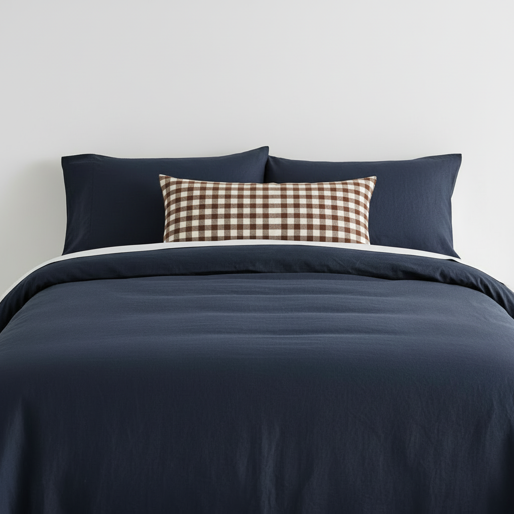 remove the photos on the wall and have it more of a close up on the bedding. get rid of the window. have it be a studio prudct shot with a white wall behind it and remove the rug #color_navy