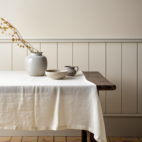 100% French flax linen tablecloths. Available in three rectangular sizes with a luxurious drape, #color_warm-white
